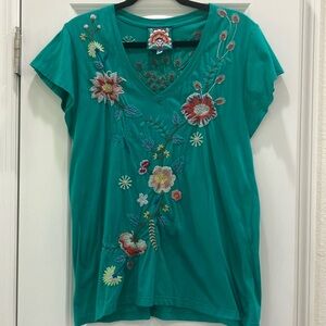 Johnny Was Teal Floral Embroidered Top